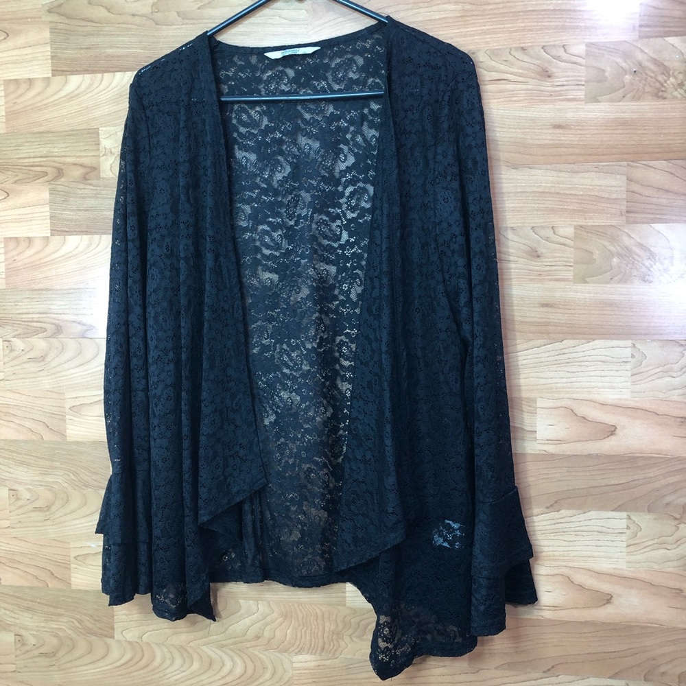 Meaneor Black Lace Floral Pattern Coverup/Cardigan with Long Bell Sleeves